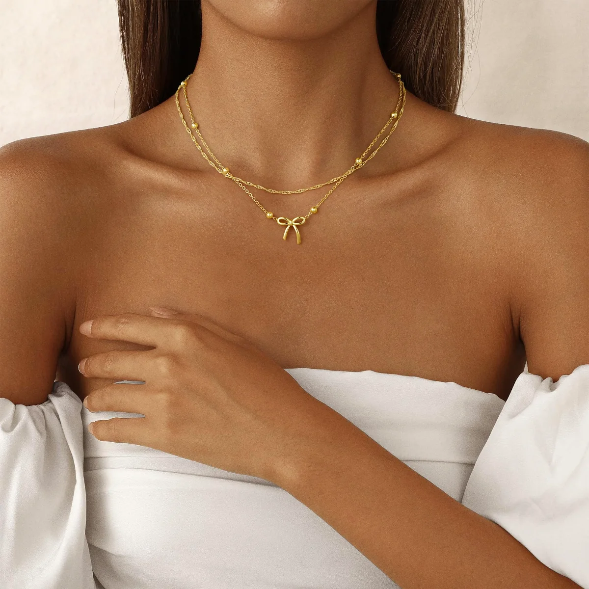 Yoosteel Layered beaded chain bow necklace, Gold