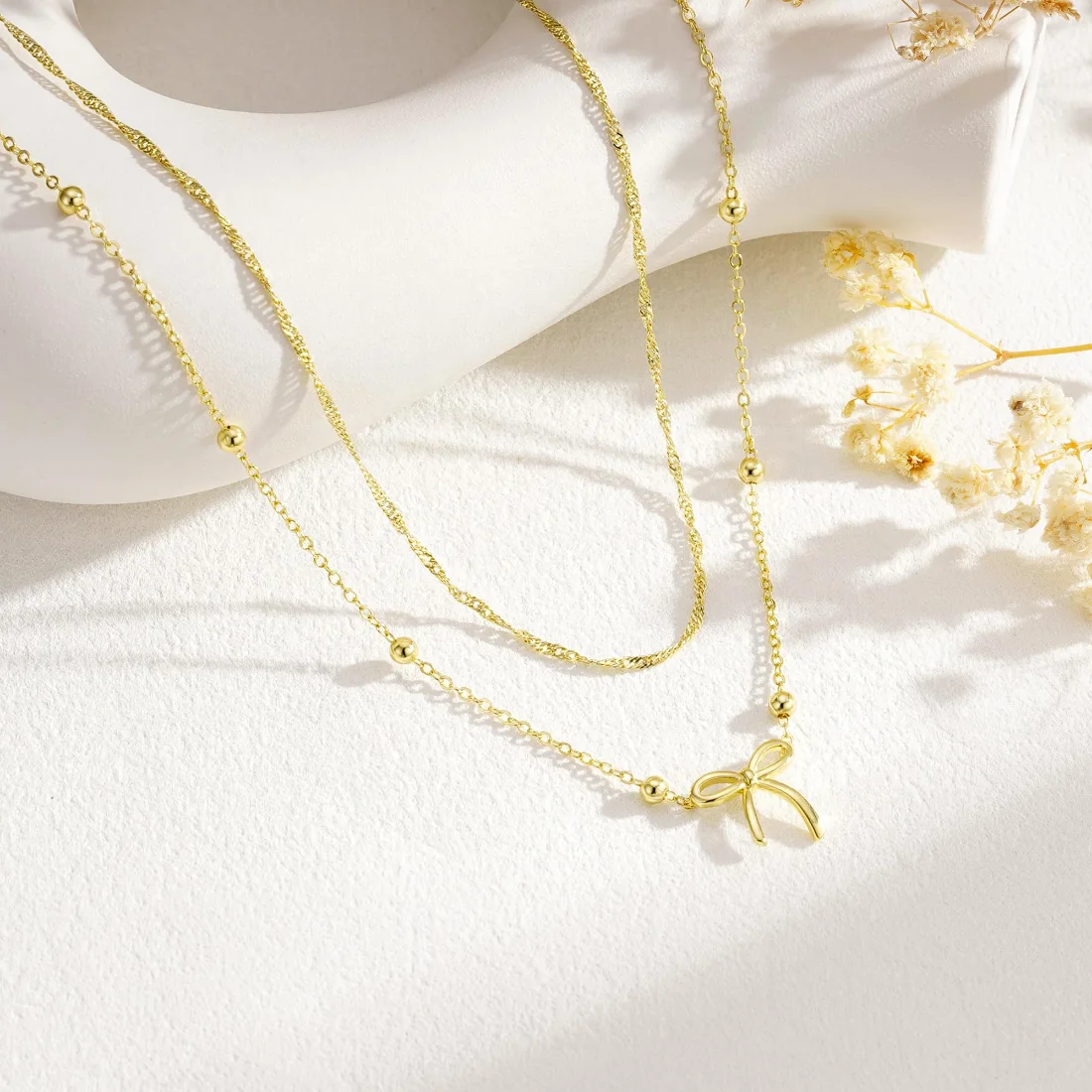 Yoosteel Layered beaded chain bow necklace, Gold, view 4