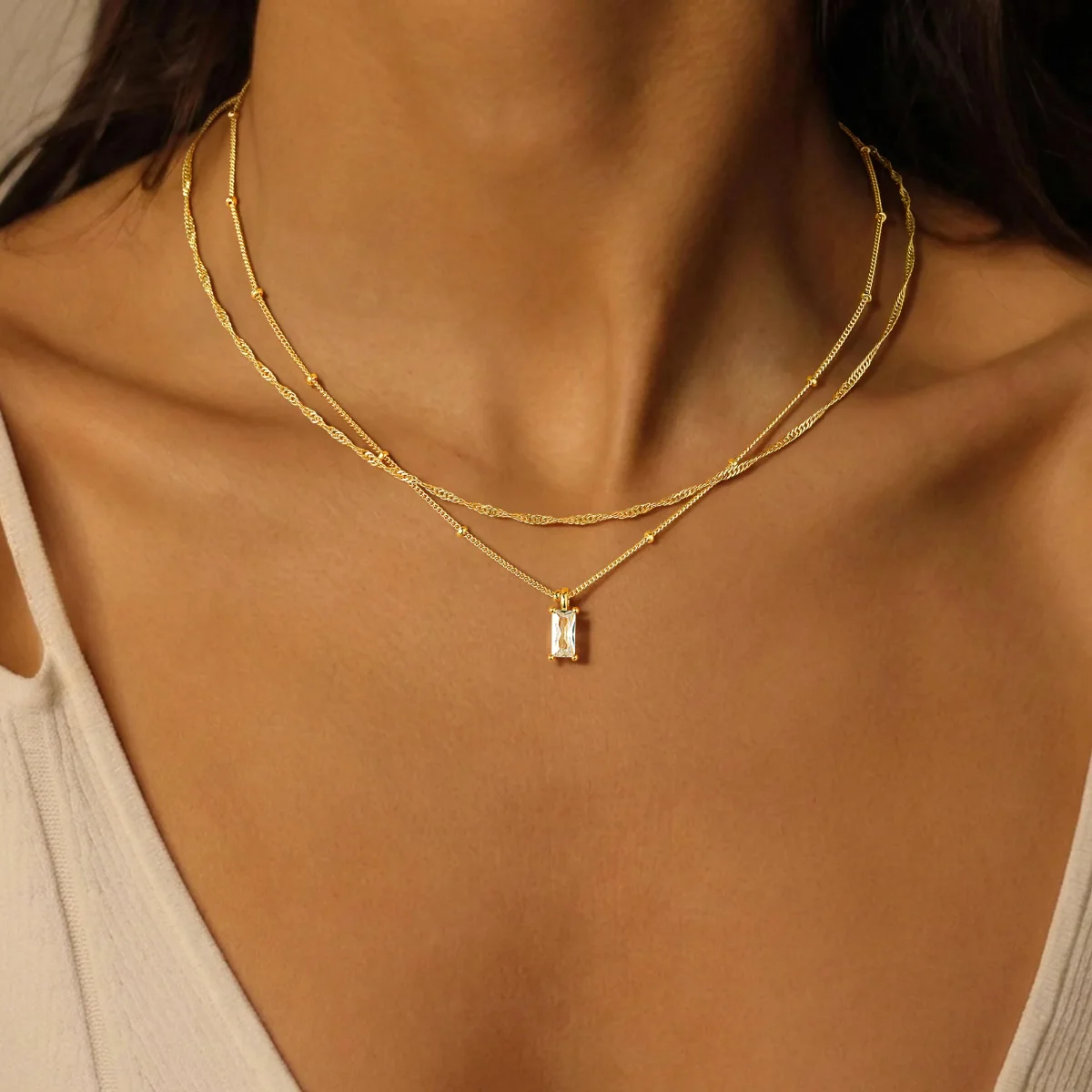 Yoosteel Rectangle CZ necklace stack, Gold