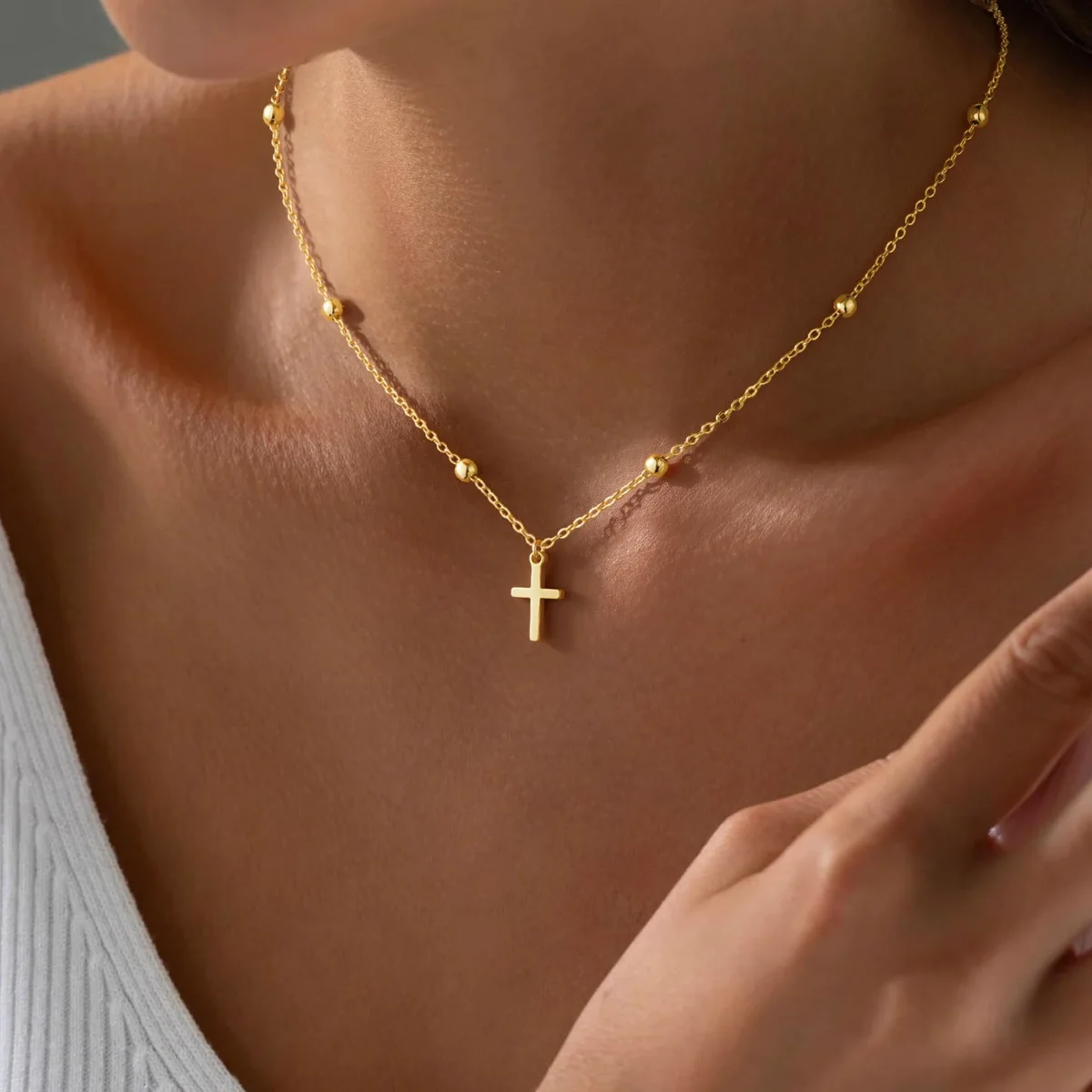 Yoosteel Beaded chain cross necklace, Gold