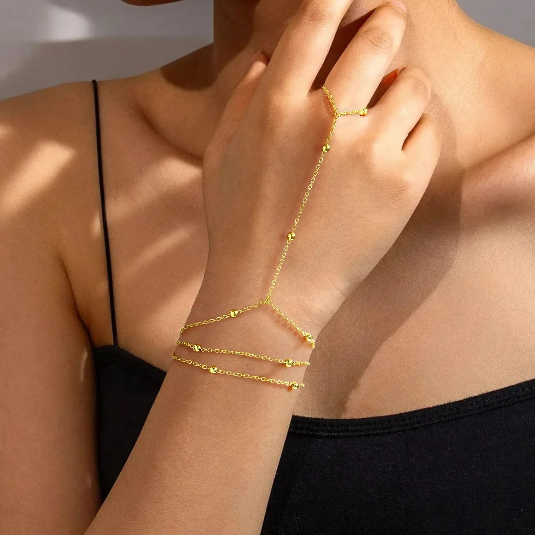 Yoosteel Gold bead hand chain, Gold, view 3