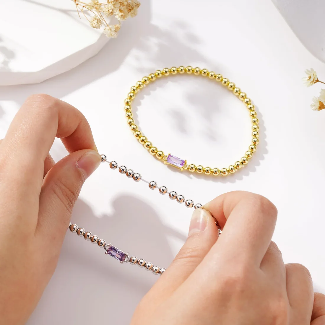 Yoosteel Birthstone beaded bracelet stack, Gold, view 3