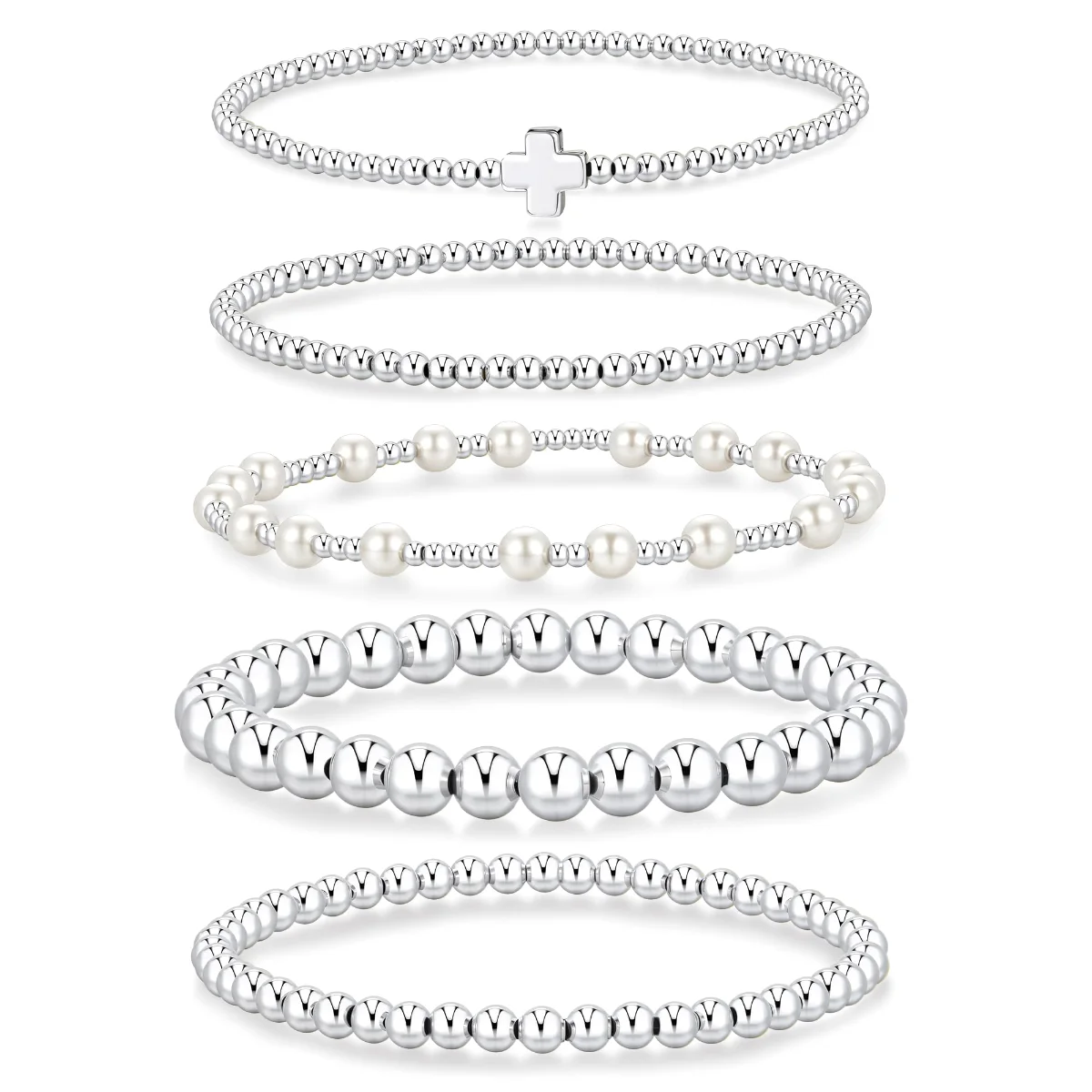 Yoosteel Cross and pearl beaded bracelet set, Silver