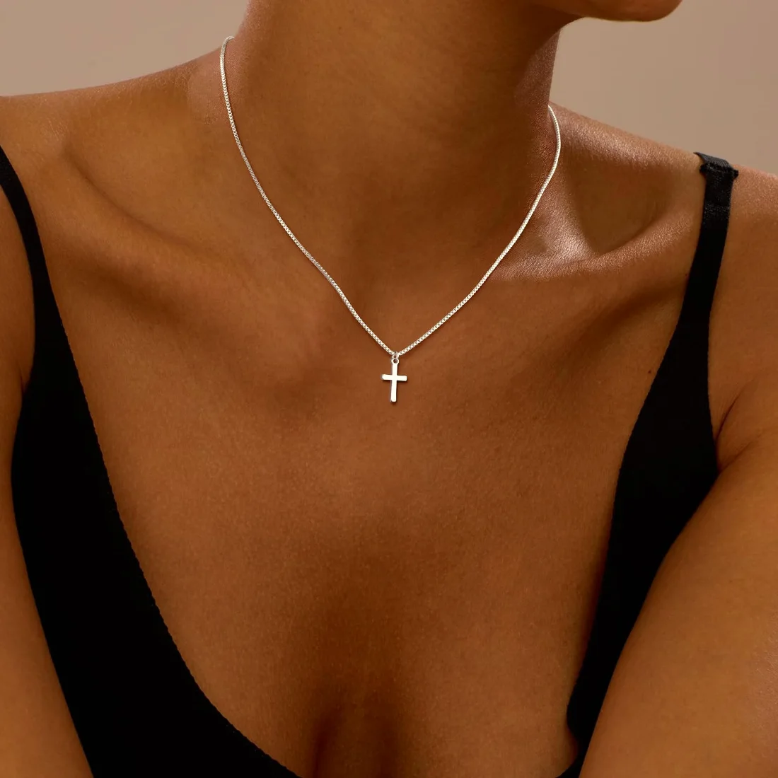 Yoosteel Box chain cross necklace, Silver, view 2