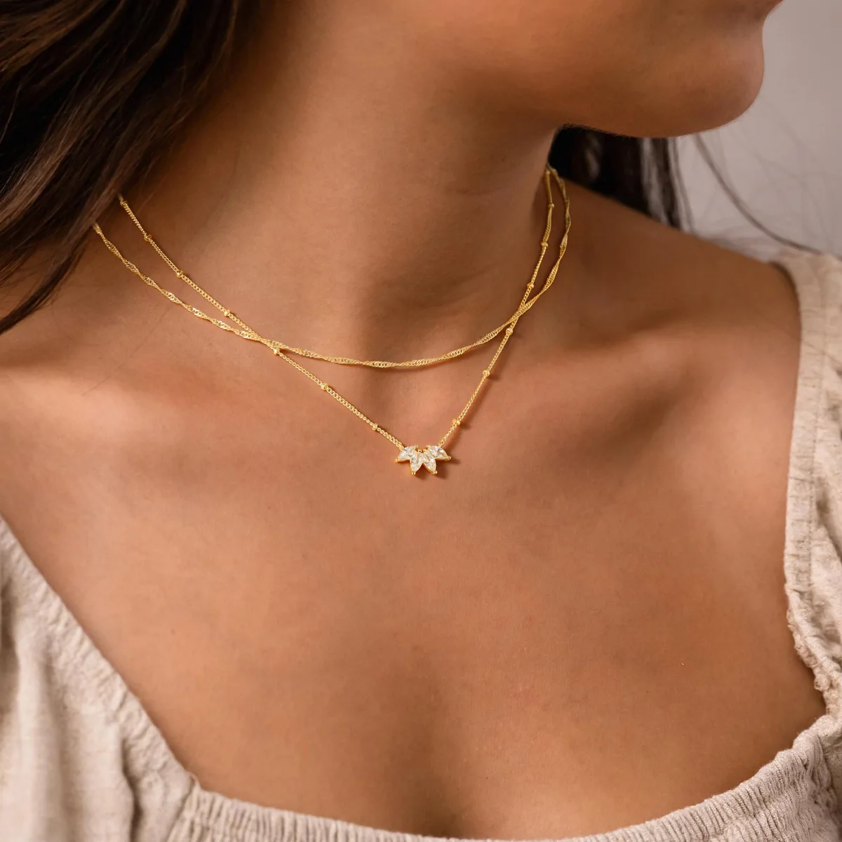 Yoosteel Flower CZ necklace stack, Gold