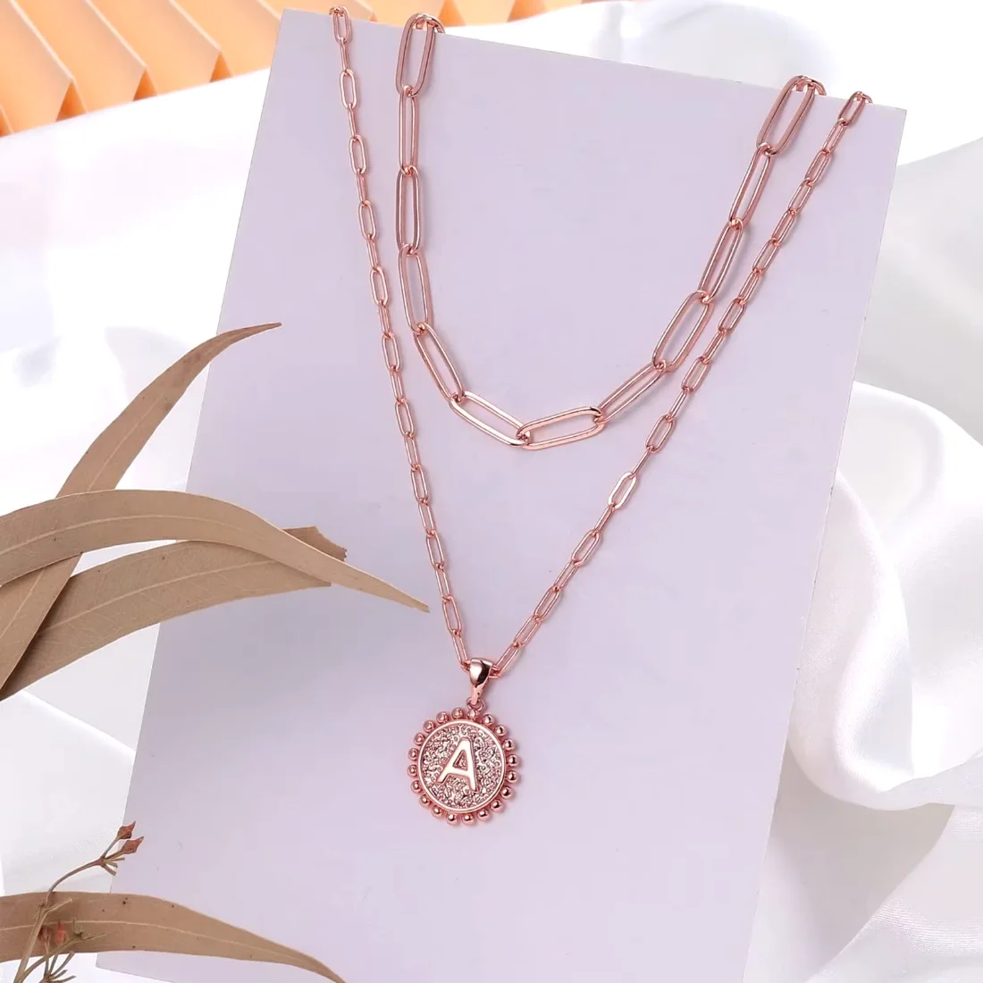 Yoosteel Paperclip coin initial necklace, Rose gold, view 5