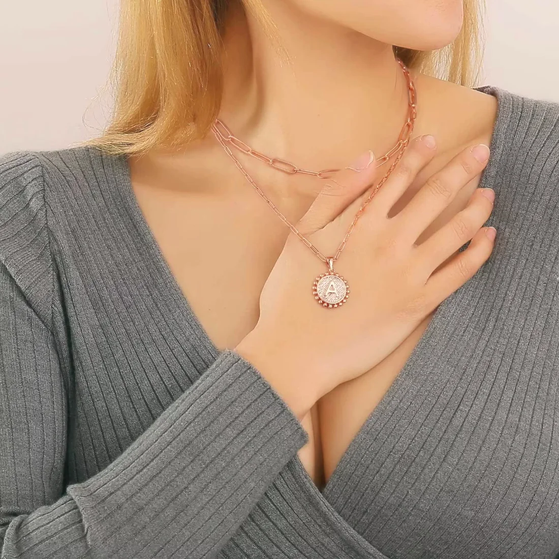 Yoosteel Paperclip coin initial necklace, Rose gold, view 2