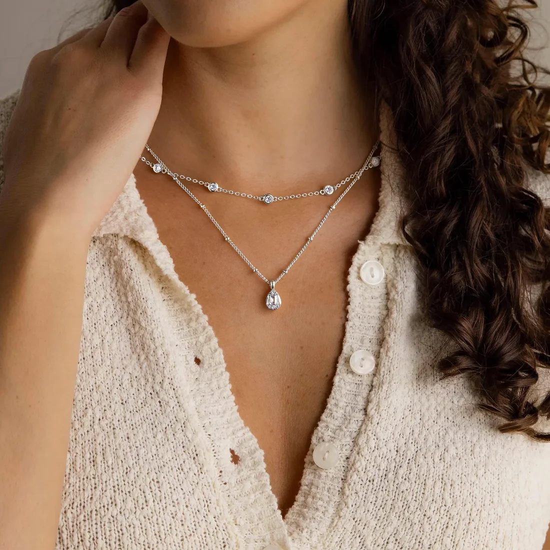 Yoosteel Teardrop CZ necklace stack, Silver, view 2