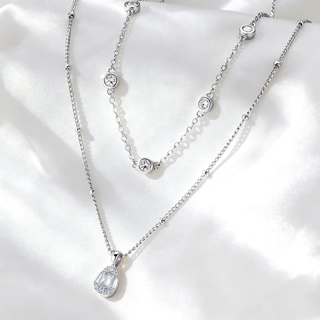 Yoosteel Teardrop CZ necklace stack, Silver, view 3