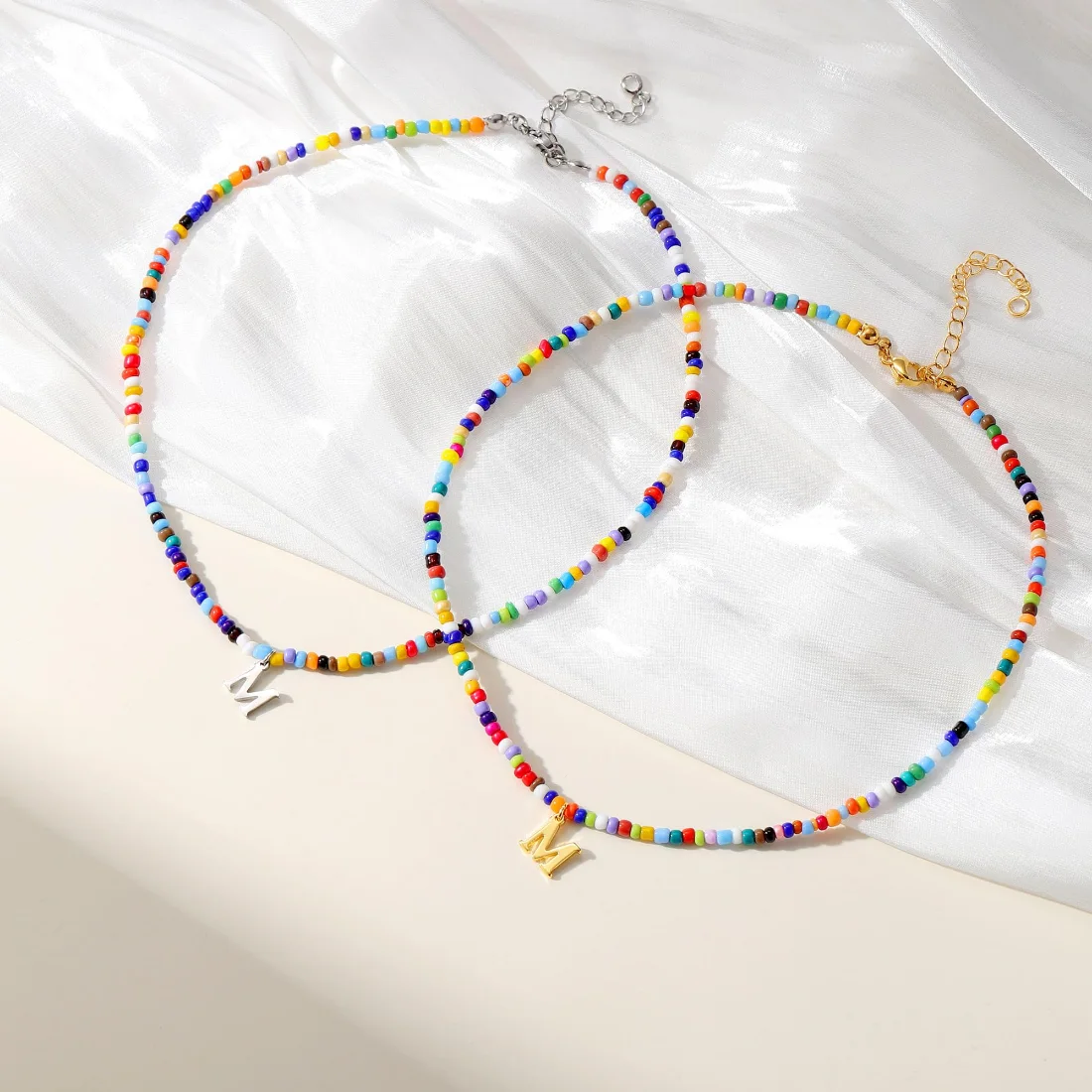 Yoosteel Colorful beaded initial necklace, White gold, view 3