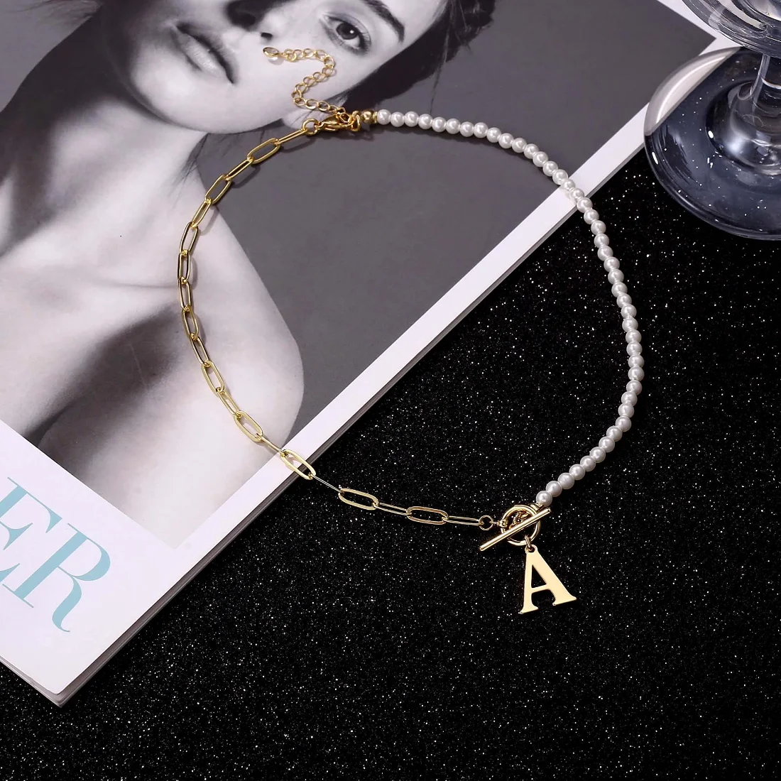 Yoosteel Pearl and paperclip initial choker, Gold, view 5